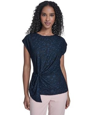 Tommy Hilfiger Floral Clip Draped Crewneck Top - Blue
