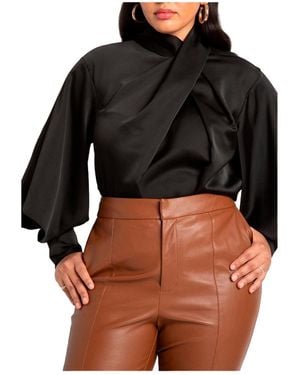 Eloquii Plus Size Draped Neck Satin Blouse - Brown