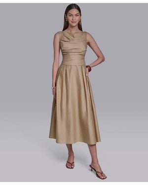 Halston Boat Neck Sleeveless Pleated Midi Dress - Natural