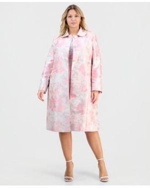 Kasper Plus Size Jacquard Button Front Topper Jacket Empire Seamed Sleeveless Dress - Pink
