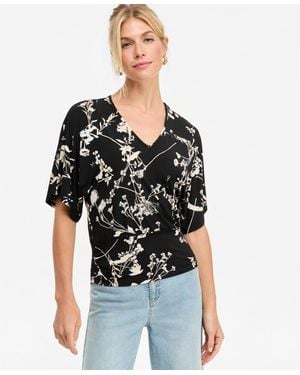 INC International Concepts Floral V-neck Short-sleeve Blouse - Black