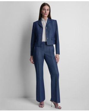 DKNY Denim Cropped Button Front Jacket Sleeveless Neck Detail Poplin Top Denim Pintuck Flared Pants - Blue