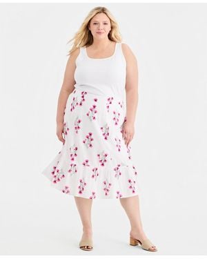 Style & Co. Plus Size Printed Cotton Pull-on Midi Skirt - Pink