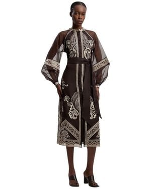 Karen Millen Embroidered Mandarin Collar Midi Dress - Brown