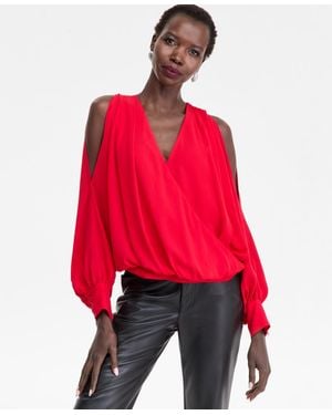 INC International Concepts Printed Arm-slit Surplice Blouse - Red