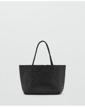 Mango Woven Leather Shopper Bag - Black