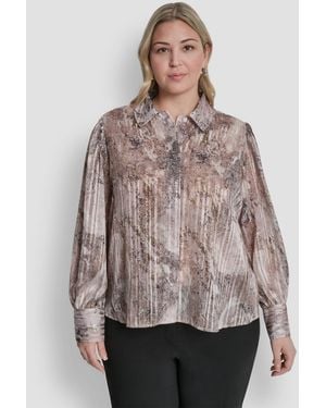 DKNY Plus Size Collared Neck Long-sleeve Top - Brown