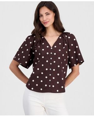 Tahari Printed V-neck Pleat-shoulder Blouse - Brown