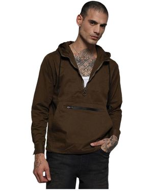 Campus Sutra Half-zip Utility Jacket With Contrast Drawstring - Brown