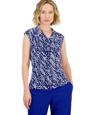 Kasper Cowl Neck Cap Sleeve Print Blouse - Blue