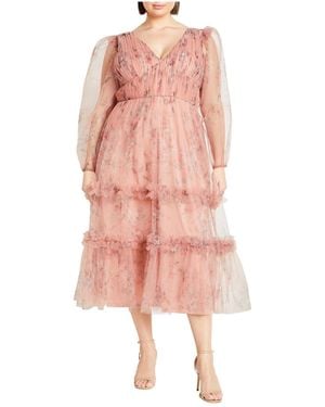 City Chic Plus Size Kitty Print Midi Dress - Pink