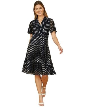Yumi' Dot Print Mesh Stretch Midi Skater Dress - White