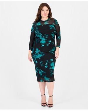 Anne Klein Plus Size Long-sleeve Floral-print Boat Neck Midi Dress - Green