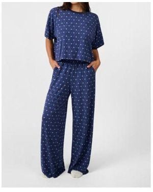 WeWoreWhat Ribbons Cropped Sleep Tee Wide Leg Pant Pajama Set - Blue