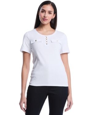 Rafaella Petite Welt Pocket Button Detail Short Sleeve Top - White