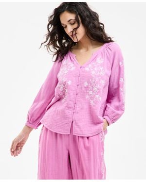 Style & Co. Petite Cotton Textured Floral-embroidered Blouse - Pink