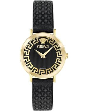 Versace Swiss Daedalus Black Leather Strap Watch 35mm - Metallic