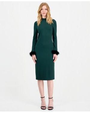Anne Klein Feather Trim Sheath Long Sleeve Mock Neck Midi Dress - Green