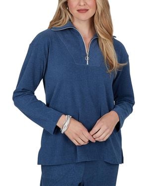 Ruby Rd. Ribbed-knit Quarter-zip Long-sleeve Top - Blue