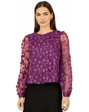 Yumi' Floral Applique Sheer Long-sleeve Blouse - Purple