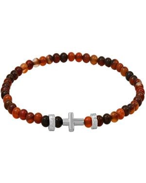 Steeltime Sterling Silver Cross And Tiger Eye Beaded Stretch Bracelet - Brown