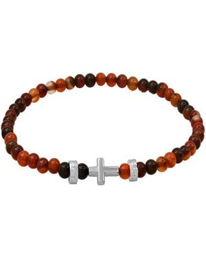 Steeltime Sterling Silver Cross And Tiger Eye Beaded Stretch Bracelet - Brown