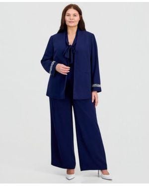 Kasper Plus Size Collarless Open Front Jacket High Rise Wide Leg Pull On Pants - Blue