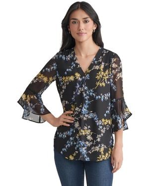 Jones New York Sheer-flutter-sleeve Y-neck Blouse - Black
