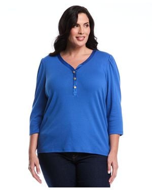 Rafaella Plus Size Plus Size 3/4 Puff Sleeve V-neck Top - Blue