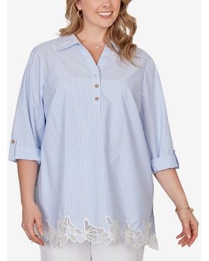 Ruby Rd. Plus Size Coastal Stripe Lace-hem Henley Top - Blue