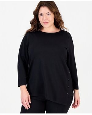 Anne Klein Essentials Plus Size Asymmetrical Button Serenity Knit 3/4-sleeve Boat-neck Tunic - Black