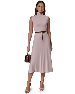 Donna Karan Cap Sleeve Mock Neck Belted Midi Dress - Purple
