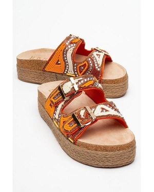 Prologue Shoes Bobby Beaded Straw Platform Slide Sandal () - Black