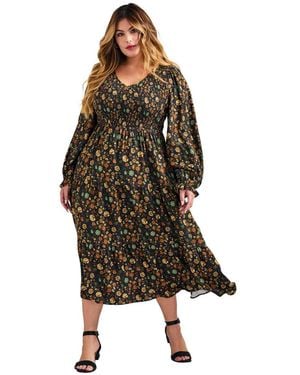 Avenue Plus Size Indi Puff Sleeve Shirred Dress - Brown