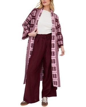 Raffya Ally Abstract Print Long Line Cardigan - Red