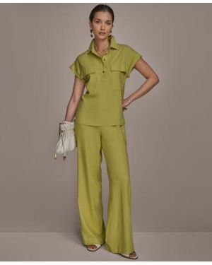 Donna Karan Linen Blend Cap Sleeve Collared Shirt Wide Leg Pants - Natural