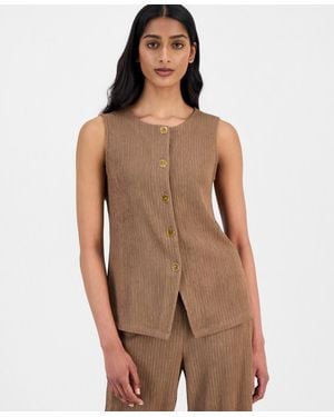 Anne Klein Crinkle-knit Sleeveless Button-front Top - Brown