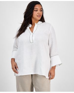 Charter Club Plus Size 100% Linen Embroidered Top - White