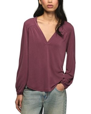 Lucky Brand Sandwash Long-sleeve V-neck Shirring Blouse - Purple