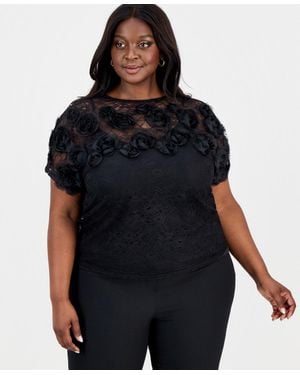 Anne Klein Plus Size Lace Rosette-trim Top - Black
