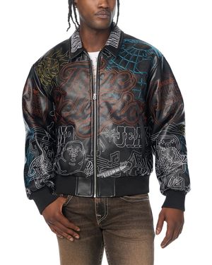 TRUE RELIGION Trophy Retro Embroidered Faux Leather Bomber Jacket - Gray