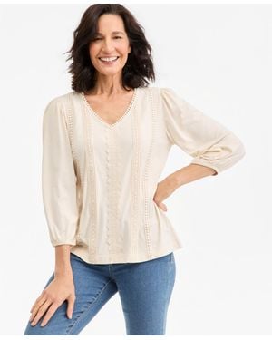 Style & Co. 3/4-sleeve V-neck Embroidery Trim Top - White
