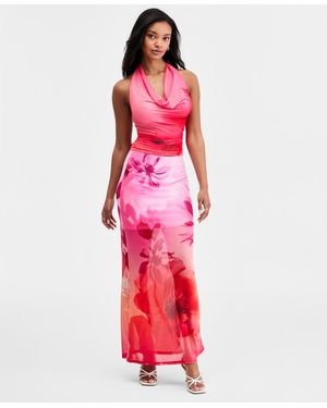 BarIII Floral-print Mesh Maxi Skirt - Red