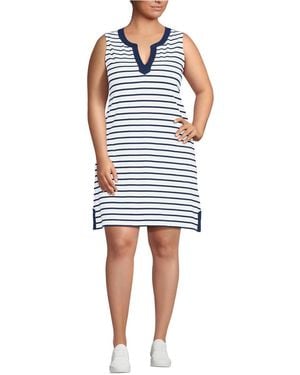 Lands' End Plus Size Cotton Jersey Notch Neck Dress - Blue