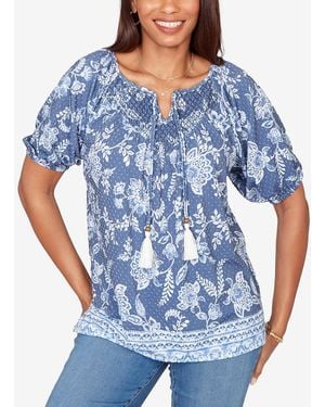 Ruby Rd. Petite Smocked Floral Clip Dot Top - Blue