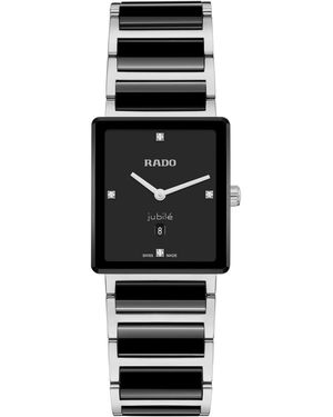 Rado Swiss Quartz Integral Diamonds Date Silver Stainless Steel And Black Ceramic Watch 28mm