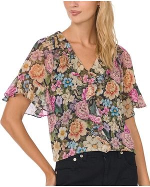 Cece Short-flutter-sleeve Floral Ruffle Blouse - Red