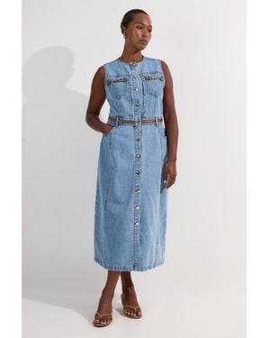 Karen Millen Tipping Sleeveless Midi Denim Dress - Blue
