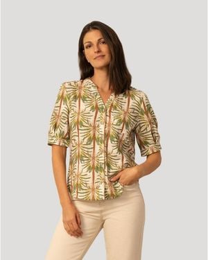 Cable & Gauge Printed Linen Blend Button Front Top - Multicolor