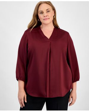Jones New York Plus Size Satin 3/4-puff Sleeve V-neck Blouse - Red